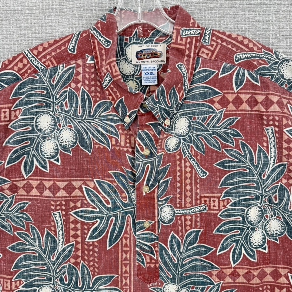 Vtg Y2K Reyn Spooner Sz 3XL Hawaiian Popover Nut Tree Red Blue Eddy Tribal